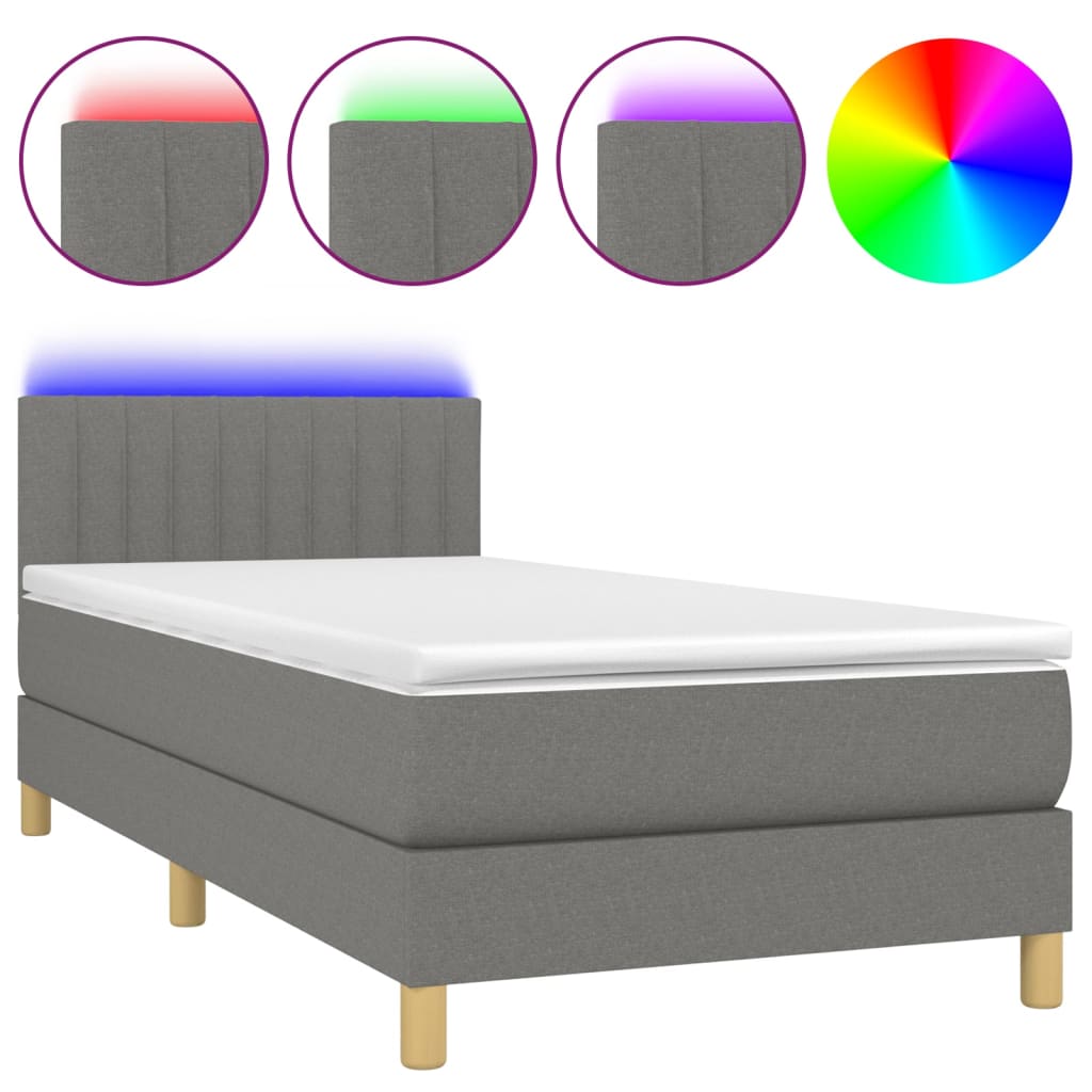 sötétszürke szövet rugós és LED-es ágy matraccal 80 x 200 cm