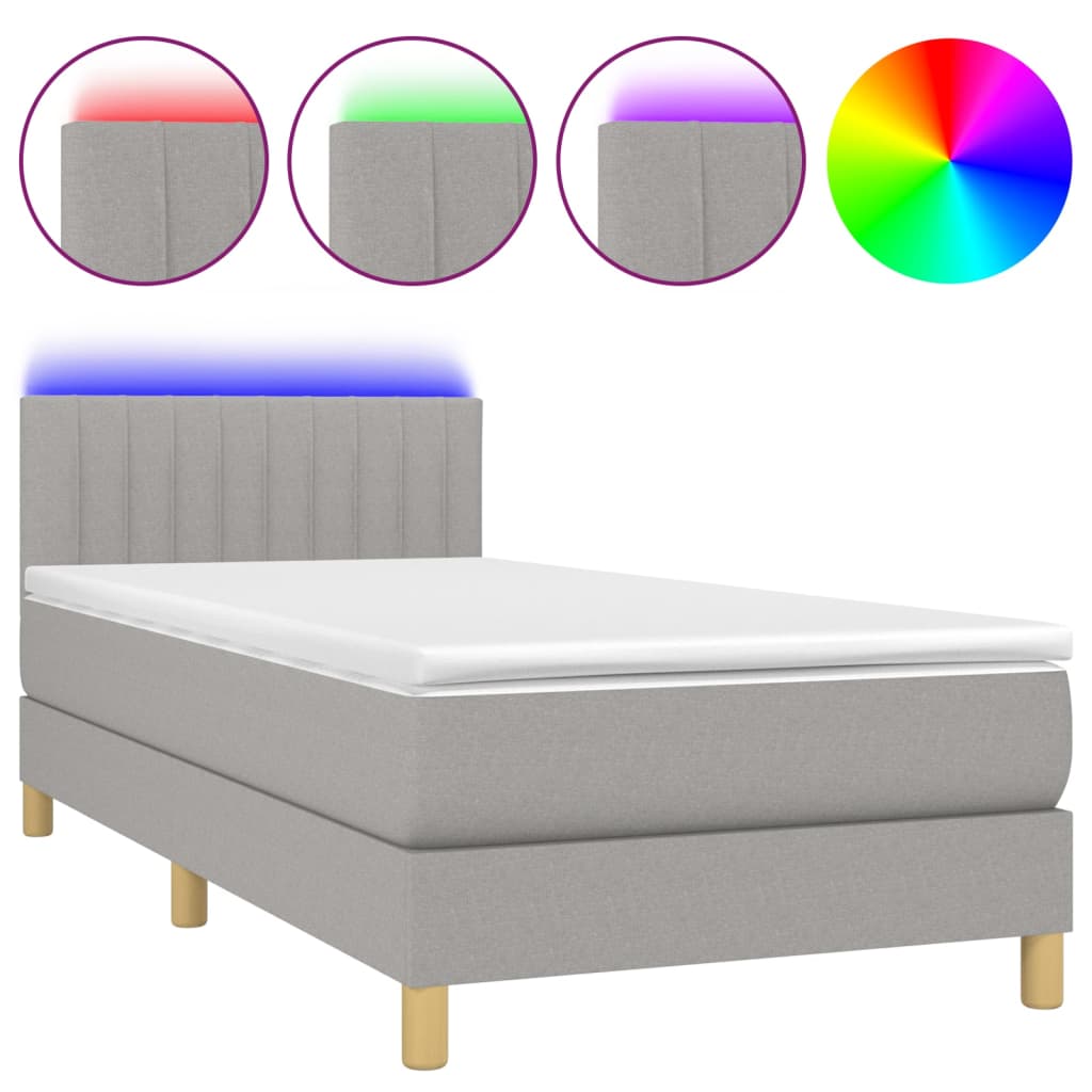 világosszürke szövet rugós és LED-es ágy matraccal 90x200 cm