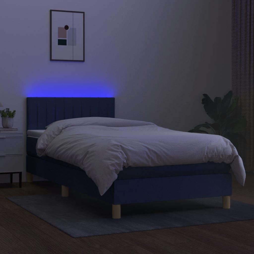 kék szövet rugós és LED-es ágy matraccal 90x200 cm