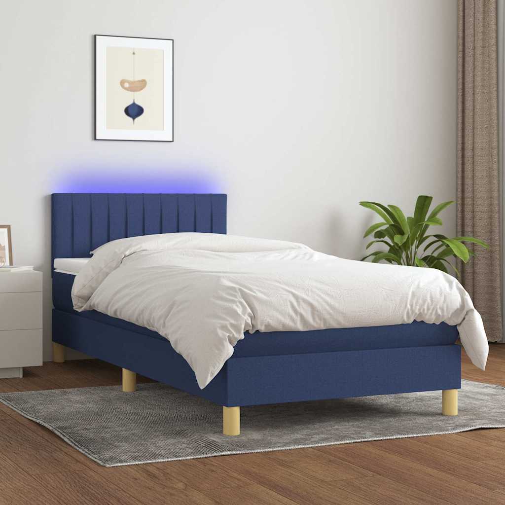 kék szövet rugós és LED-es ágy matraccal 90x200 cm