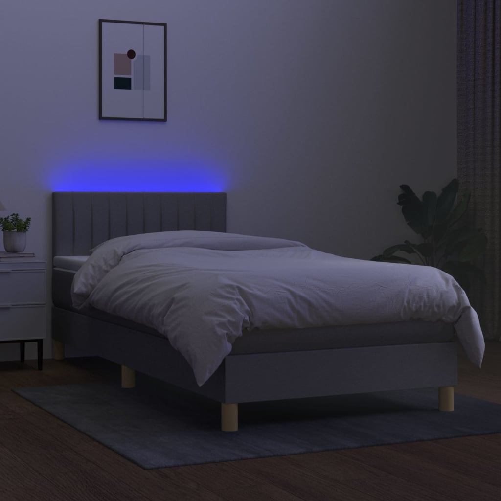 világosszürke szövet rugós és LED-es ágy matraccal 100x200 cm