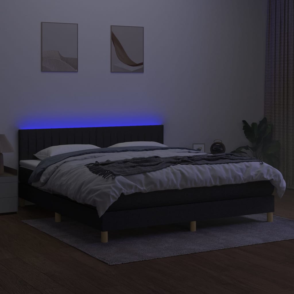 fekete szövet rugós és LED-es ágy matraccal 180 x 200 cm