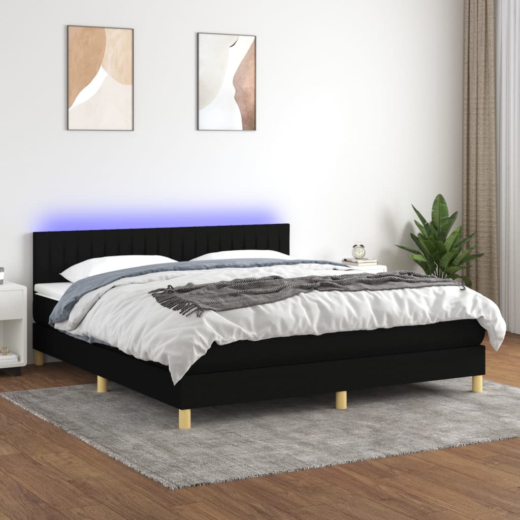 fekete szövet rugós és LED-es ágy matraccal 180 x 200 cm