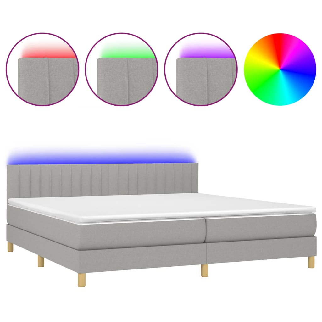 világosszürke szövet rugós és LED-es ágy matraccal 200x200 cm