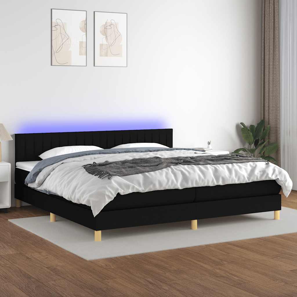 fekete szövet rugós és LED-es ágy matraccal 200x200 cm
