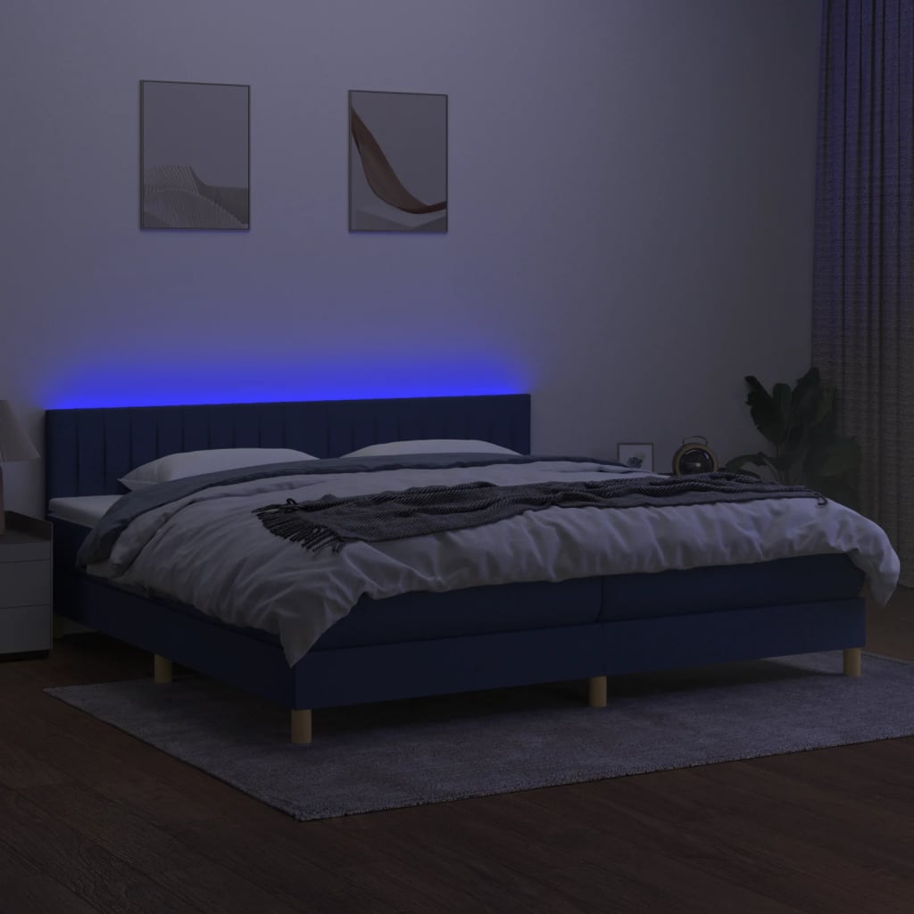 kék szövet rugós és LED-es ágy matraccal 200 x 200 cm
