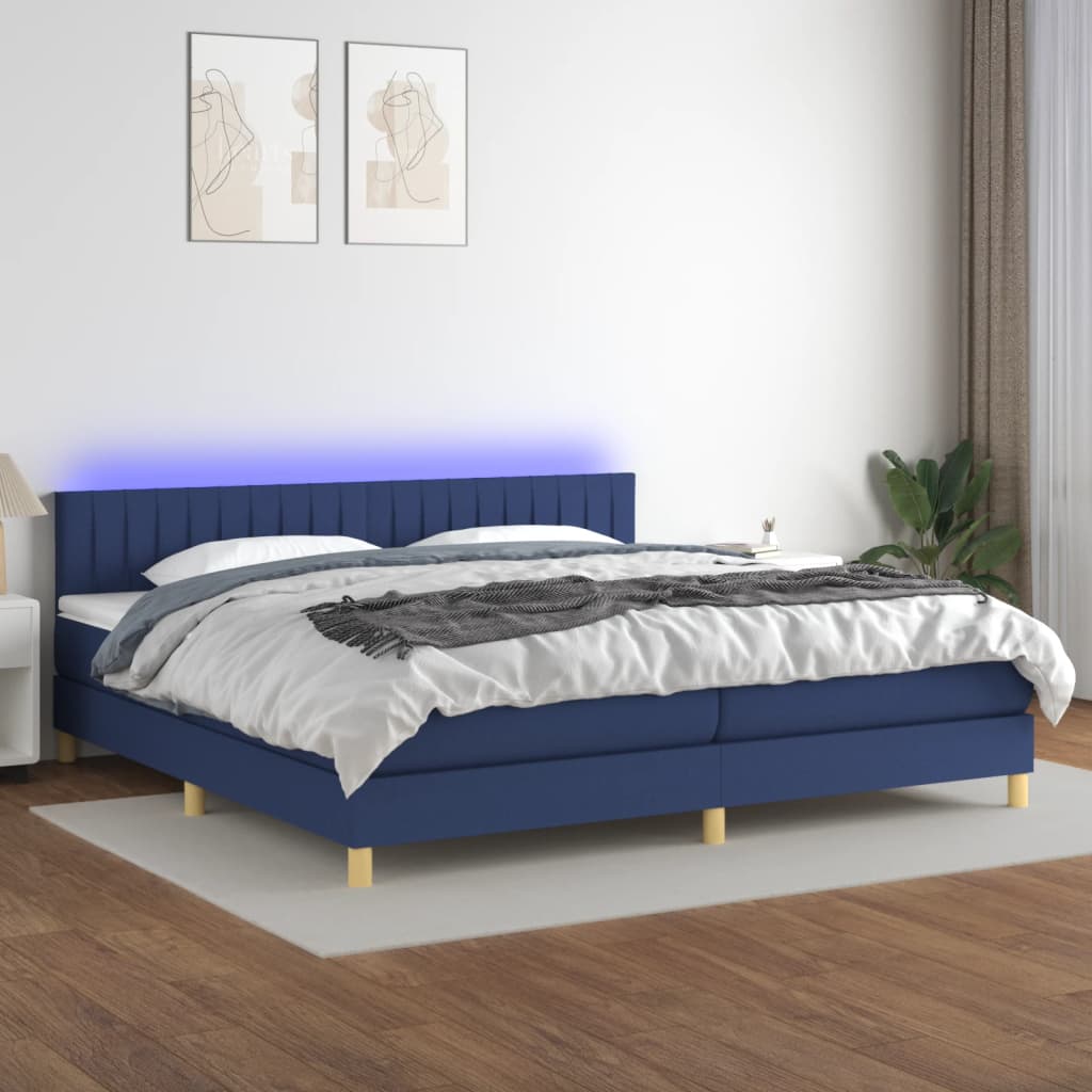 kék szövet rugós és LED-es ágy matraccal 200 x 200 cm