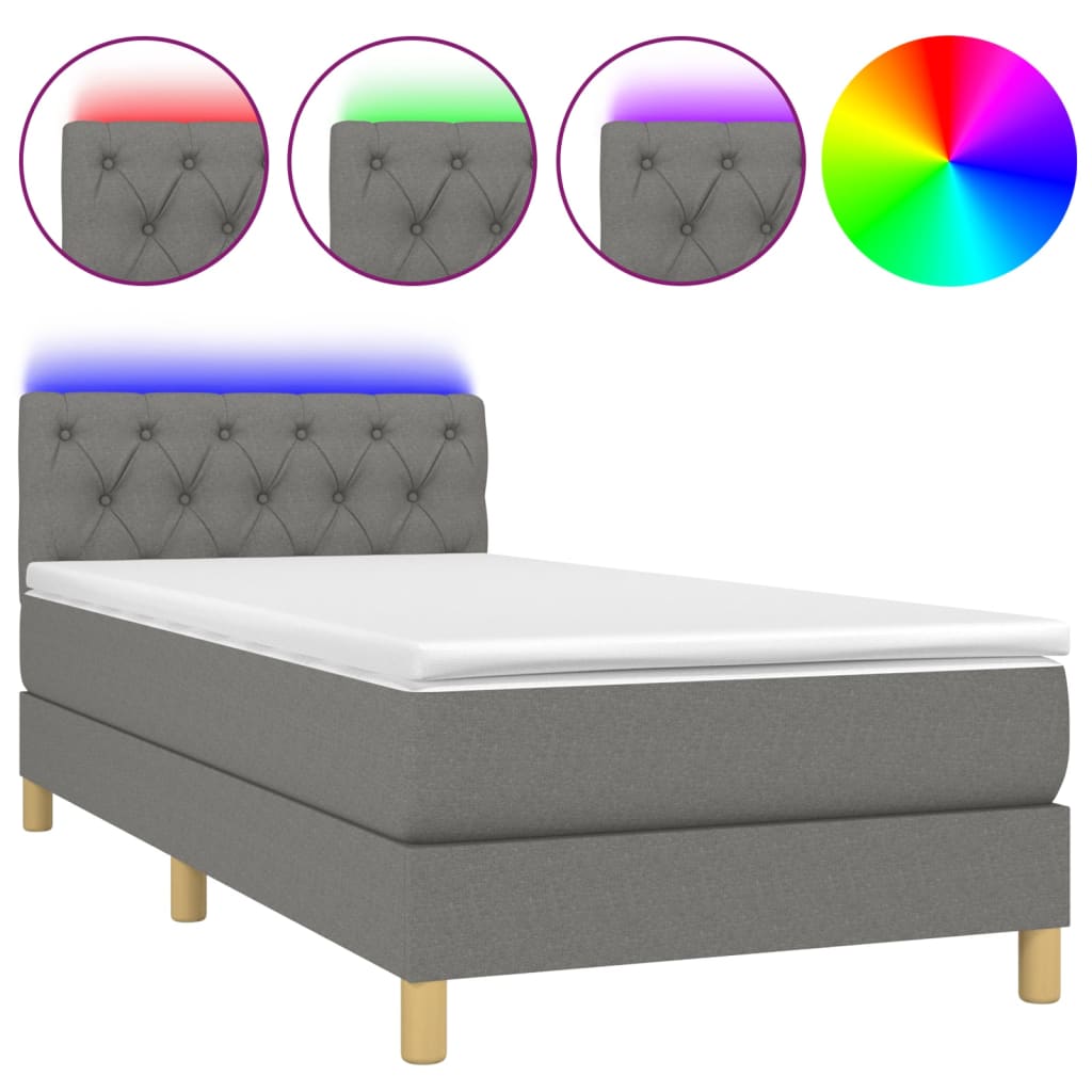 sötétszürke szövet rugós és LED-es ágy matraccal 80 x 200 cm