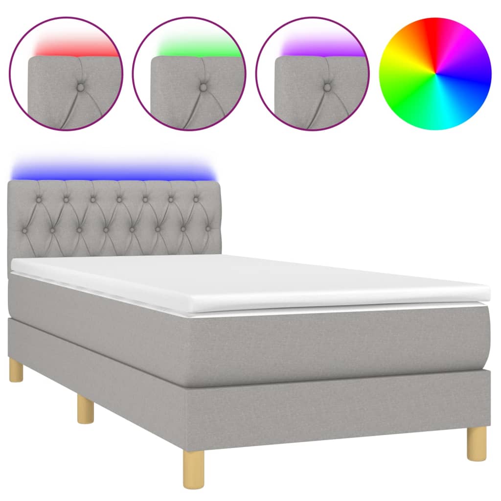 világosszürke szövet rugós és LED-es ágy matraccal 90x190 cm