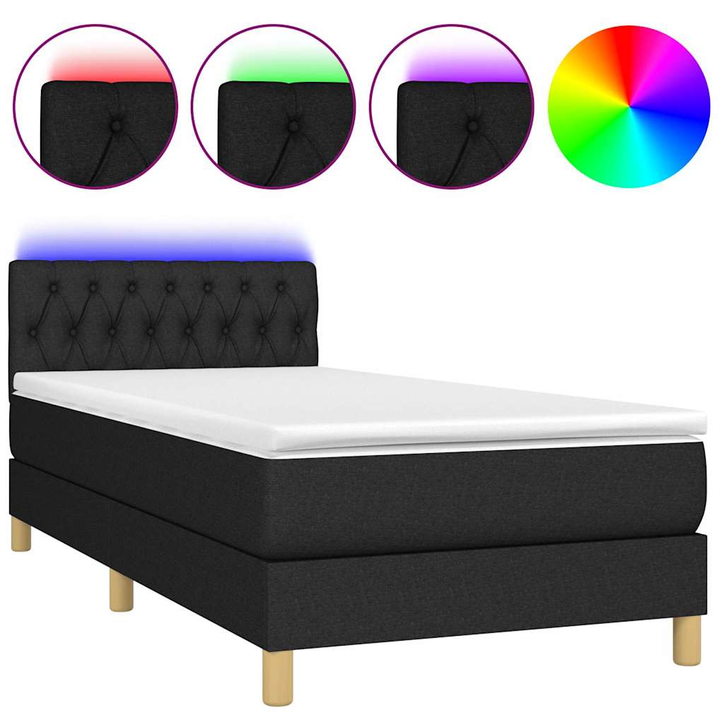 fekete szövet rugós és LED-es ágy matraccal 90x190 cm