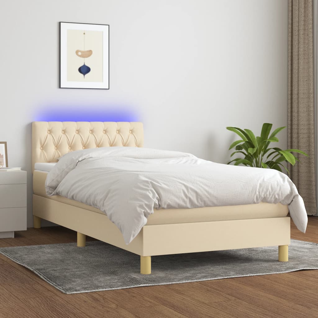 krémszínű szövet rugós és LED-es ágy matraccal 90x190 cm