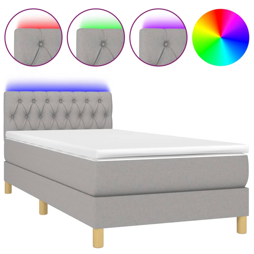 világosszürke szövet rugós és LED-es ágy matraccal 90x200 cm