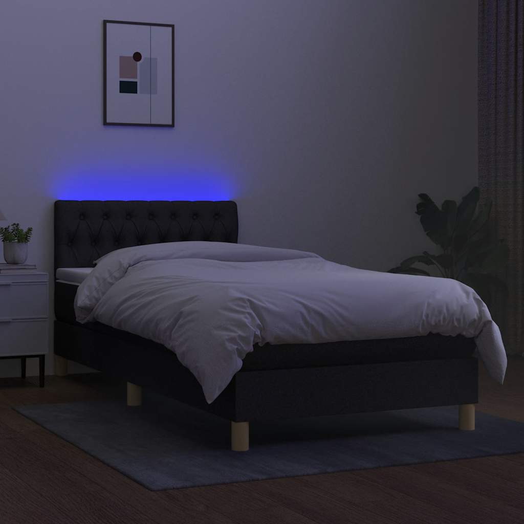 fekete szövet rugós és LED-es ágy matraccal 90x200 cm