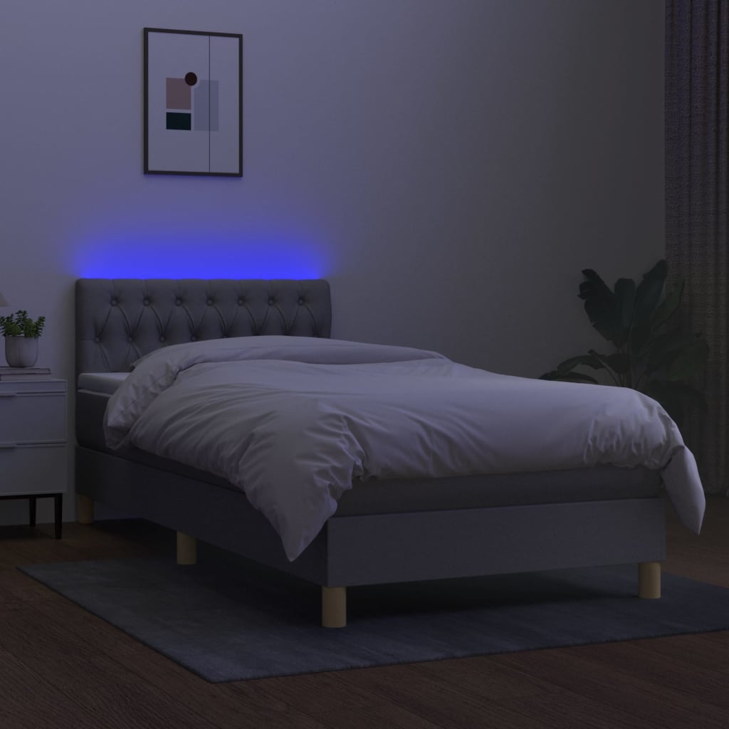 világosszürke szövet rugós és LED-es ágy matraccal 100x200 cm
