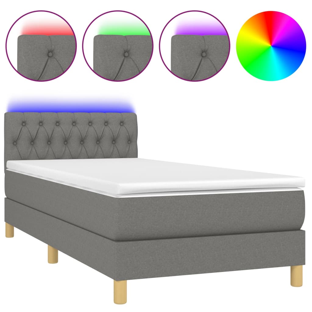 sötétszürke szövet rugós és LED-es ágy matraccal 100x200 cm