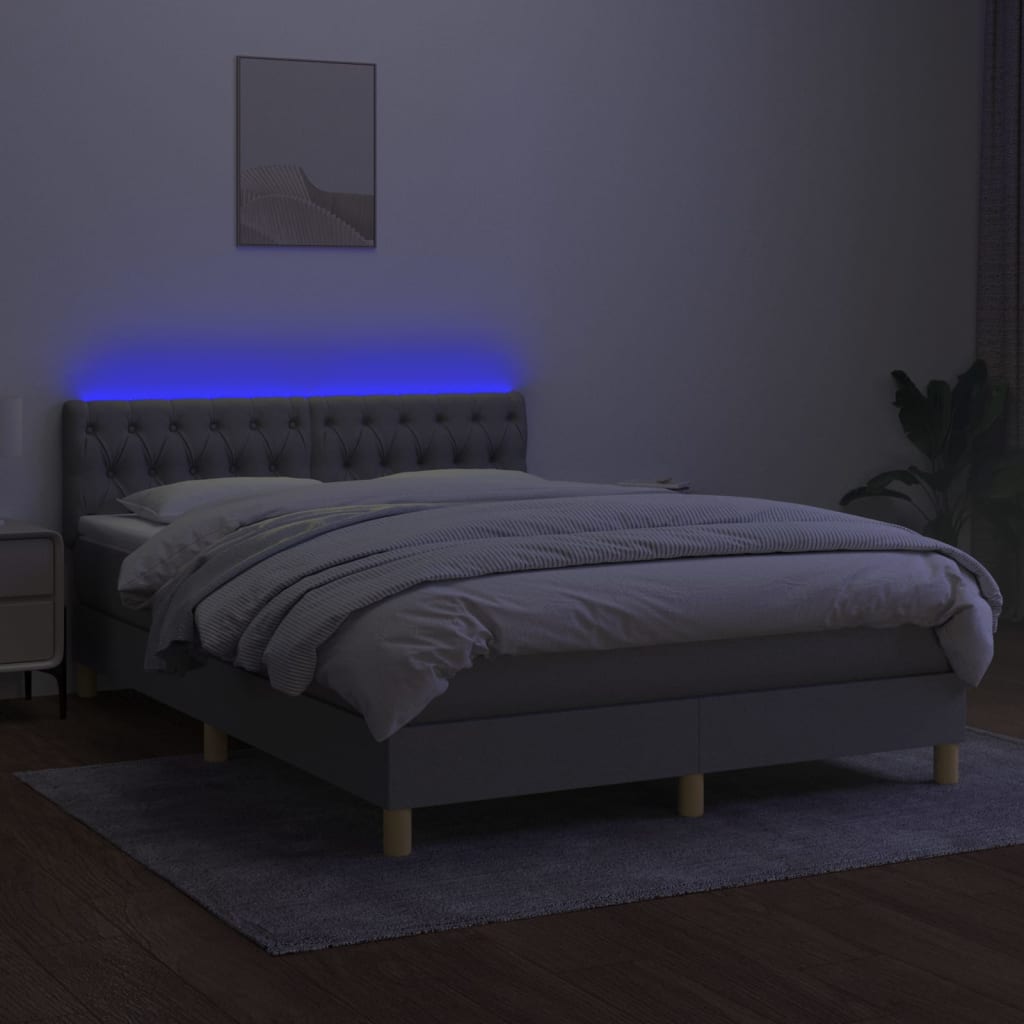 világosszürke szövet rugós és LED-es ágy matraccal 140x190 cm