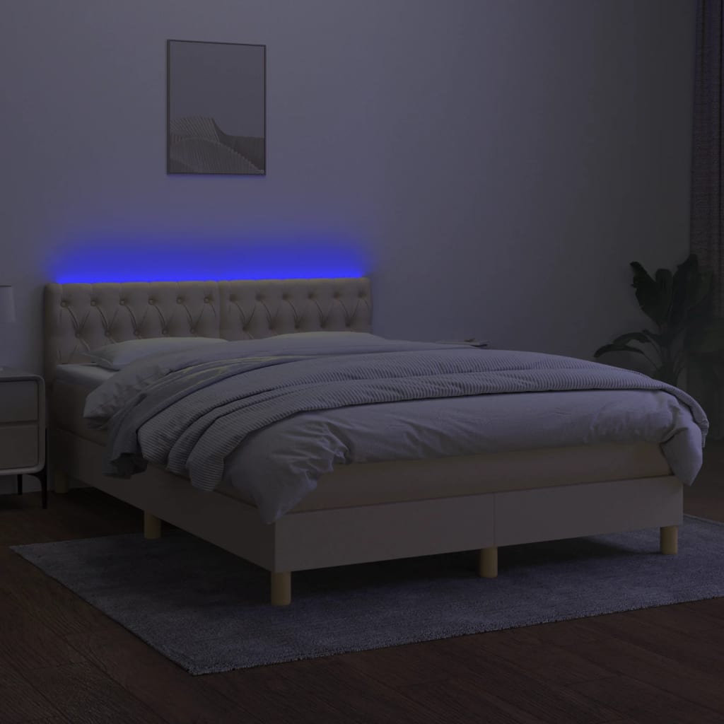 krémszínű szövet rugós és LED-es ágy matraccal 140x200 cm