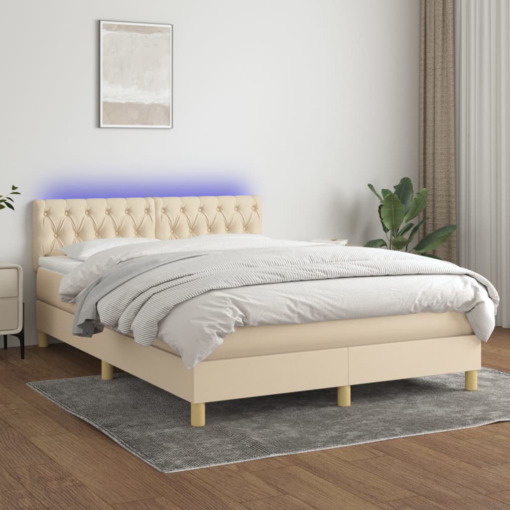 krémszínű szövet rugós és LED-es ágy matraccal 140x200 cm