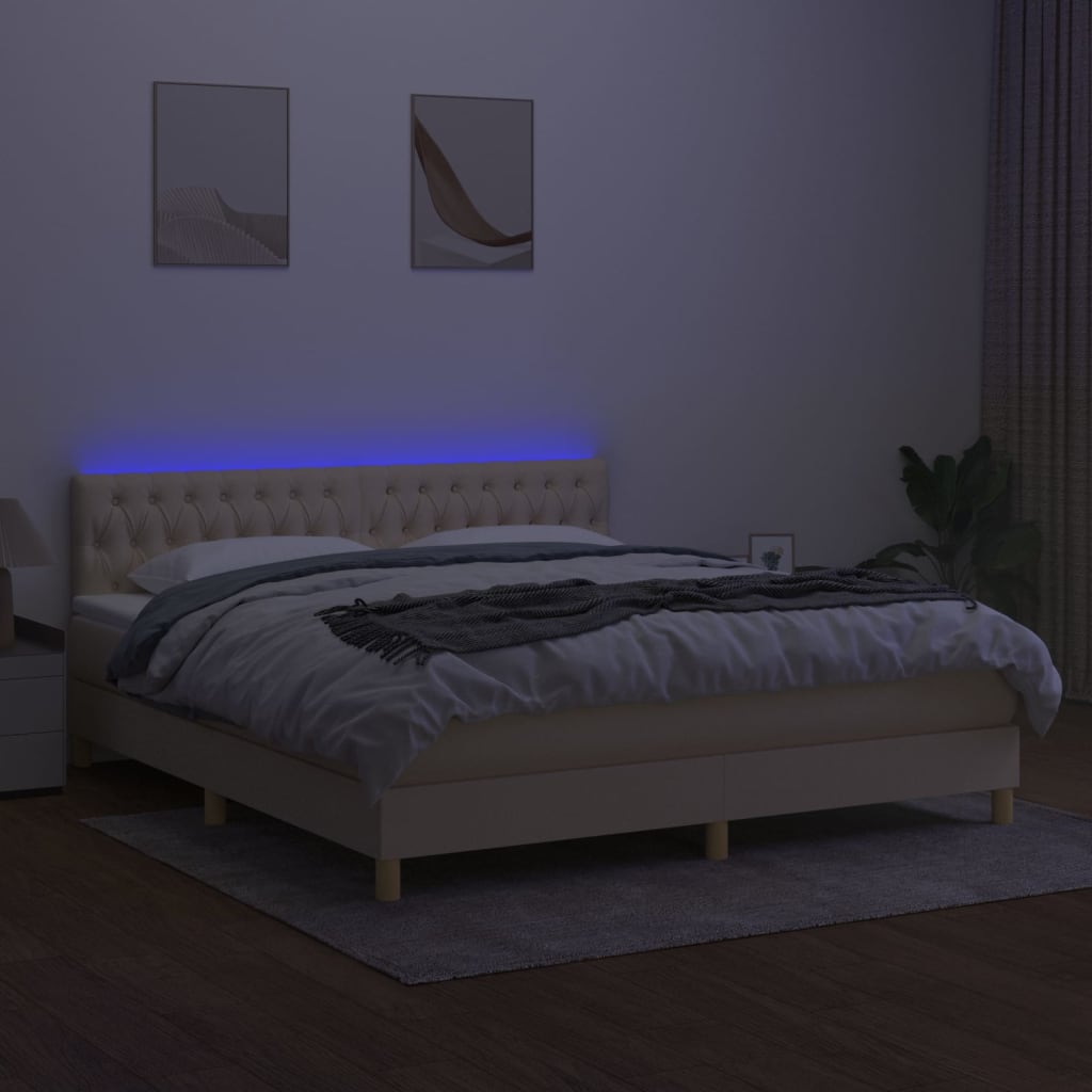 krémszínű szövet rugós és LED-es ágy matraccal 160x200 cm
