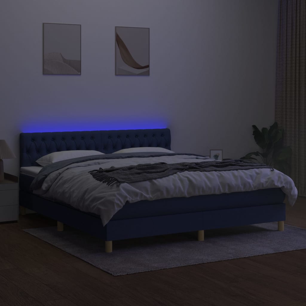 kék szövet rugós és LED-es ágy matraccal 180 x 200 cm