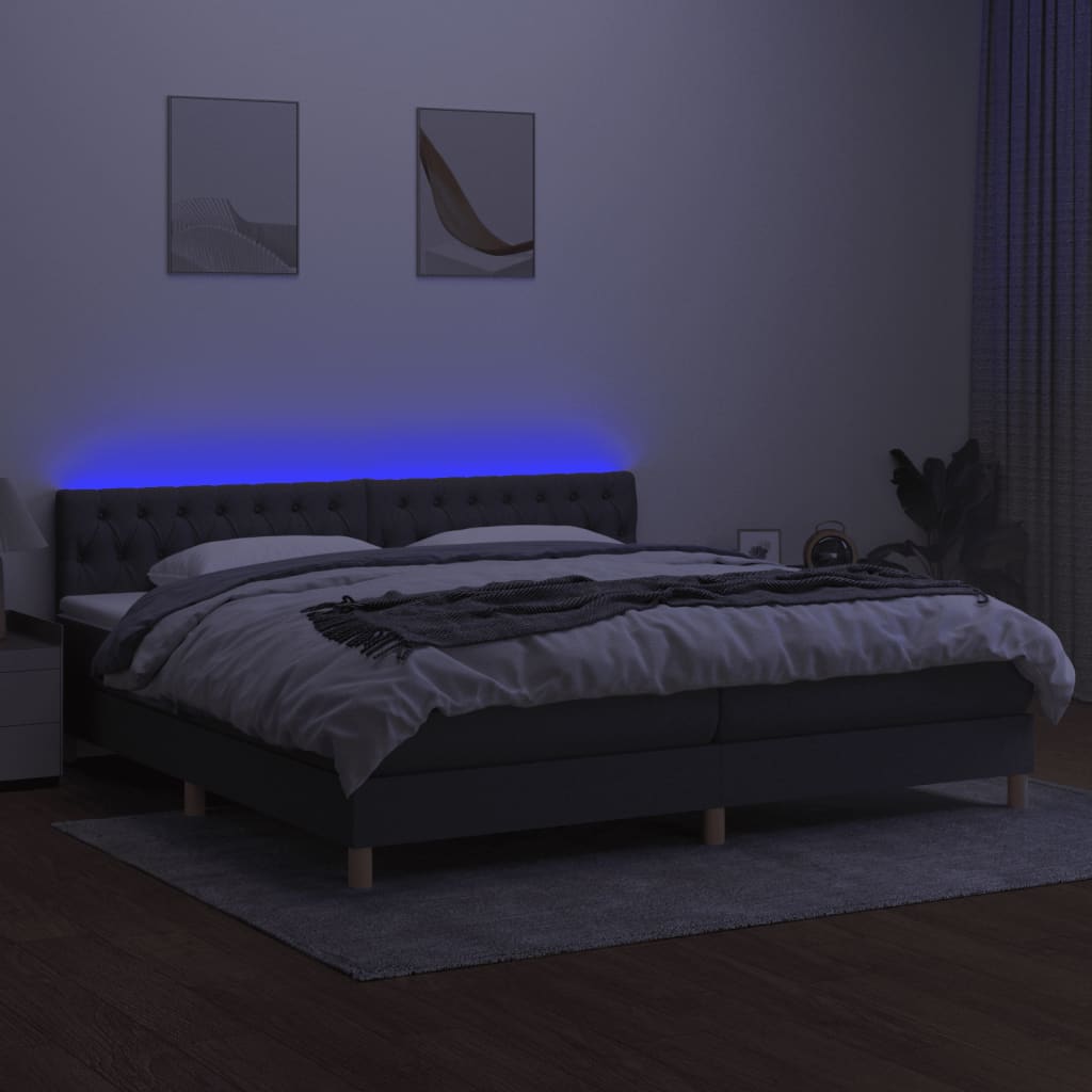 sötétszürke szövet rugós és LED-es ágy matraccal 200x200 cm