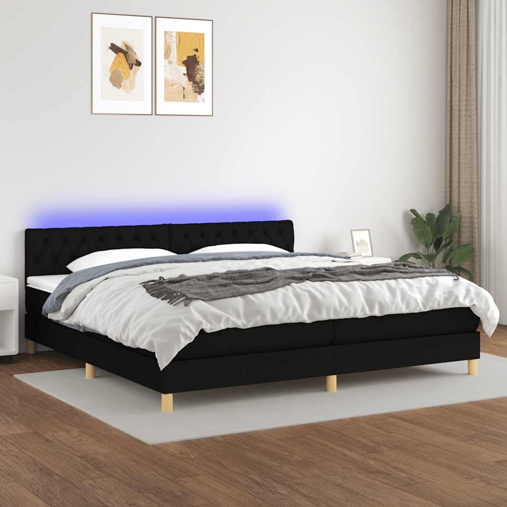 fekete szövet rugós és LED-es ágy matraccal 200x200 cm