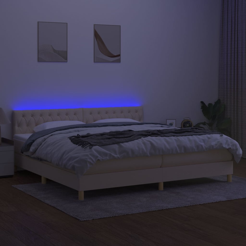 krémszínű szövet rugós és LED-es ágy matraccal 200 x 200 cm