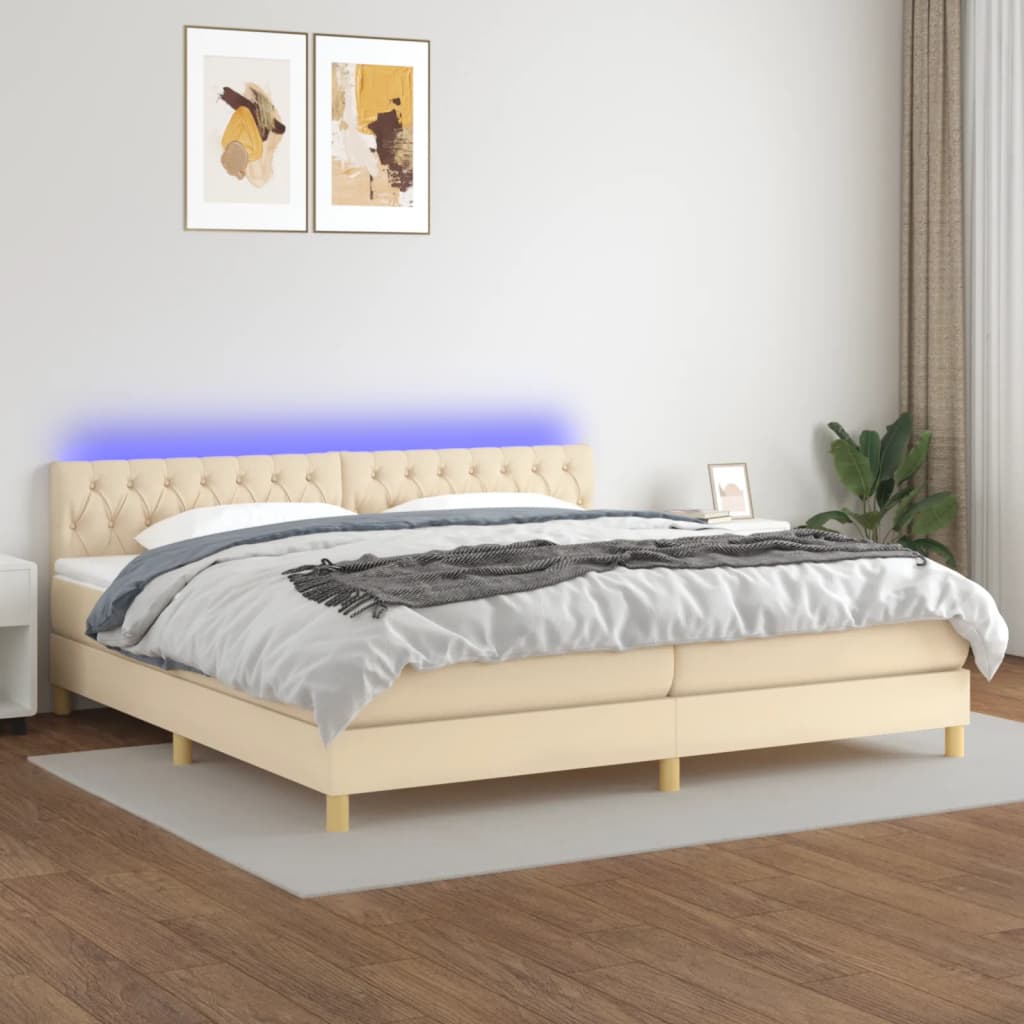 krémszínű szövet rugós és LED-es ágy matraccal 200 x 200 cm