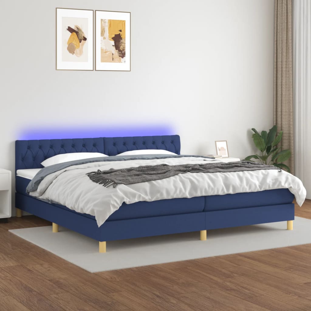 kék szövet rugós és LED-es ágy matraccal 200 x 200 cm