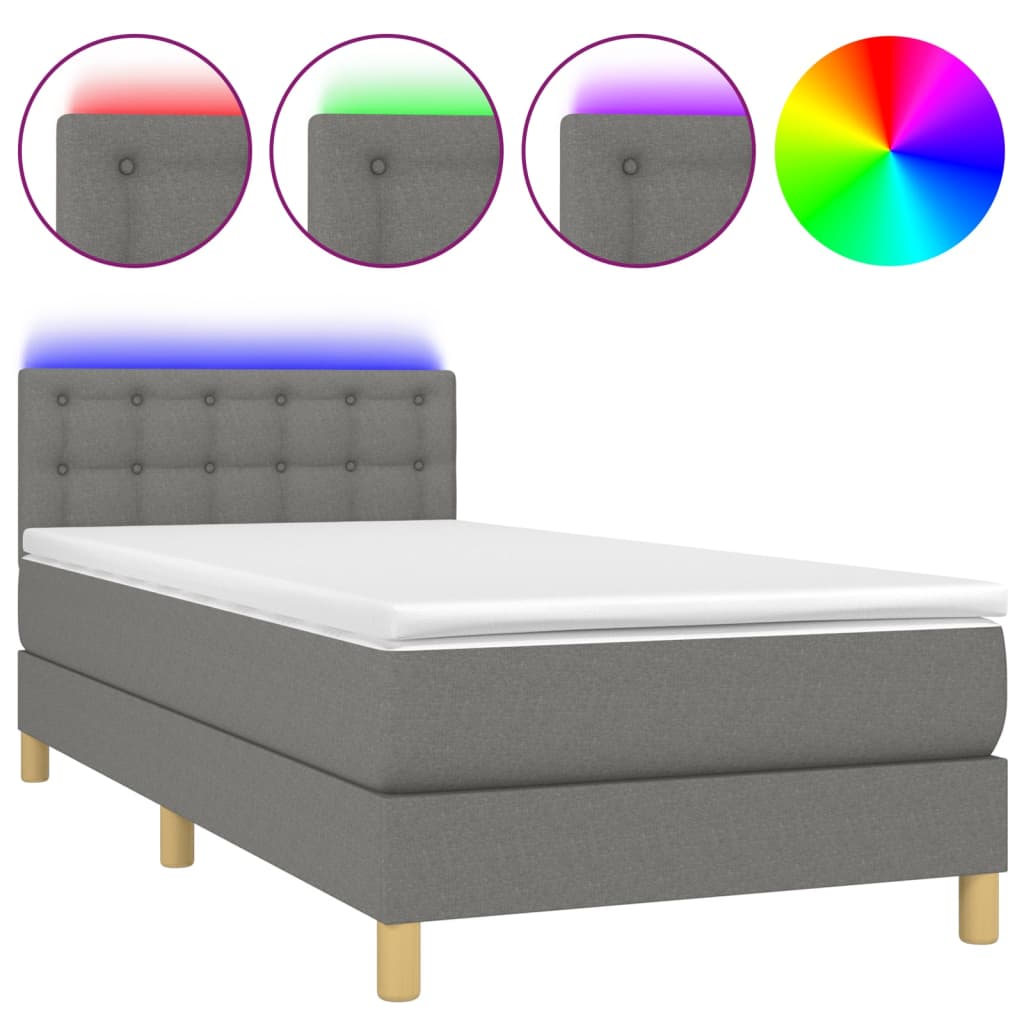sötétszürke szövet rugós és LED-es ágy matraccal 80 x 200 cm