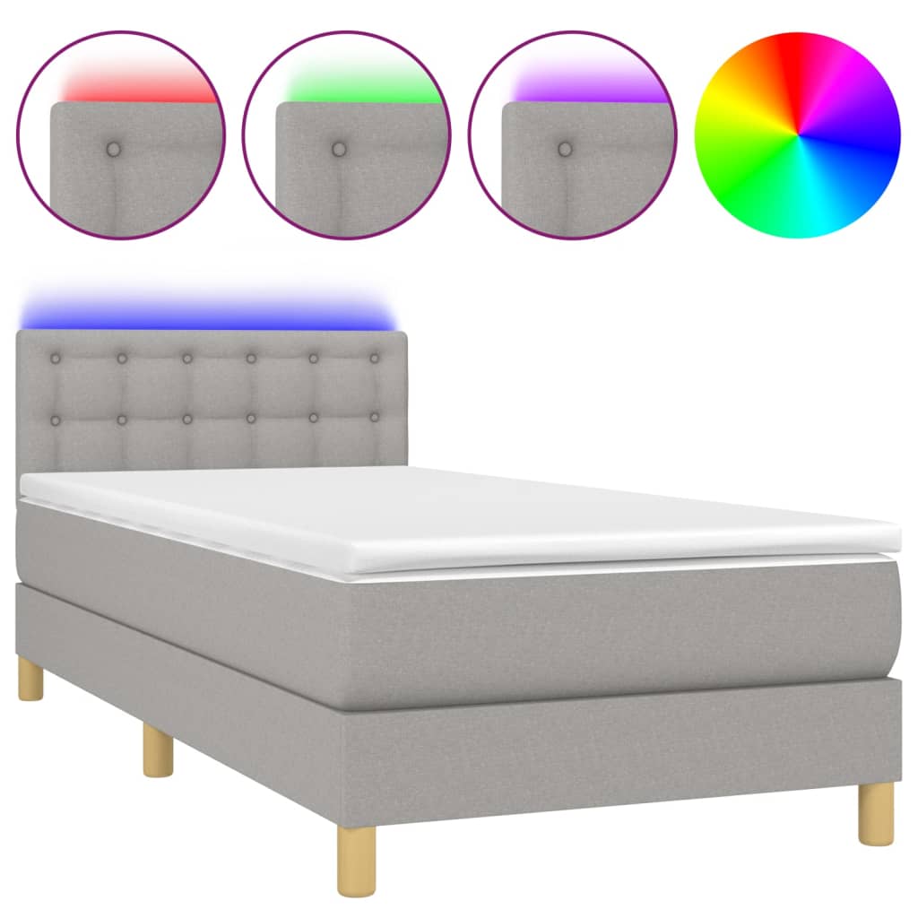világosszürke szövet rugós és LED-es ágy matraccal 90x190 cm