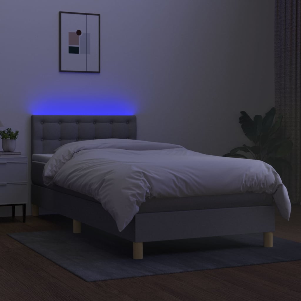 világosszürke szövet rugós és LED-es ágy matraccal 90x200 cm