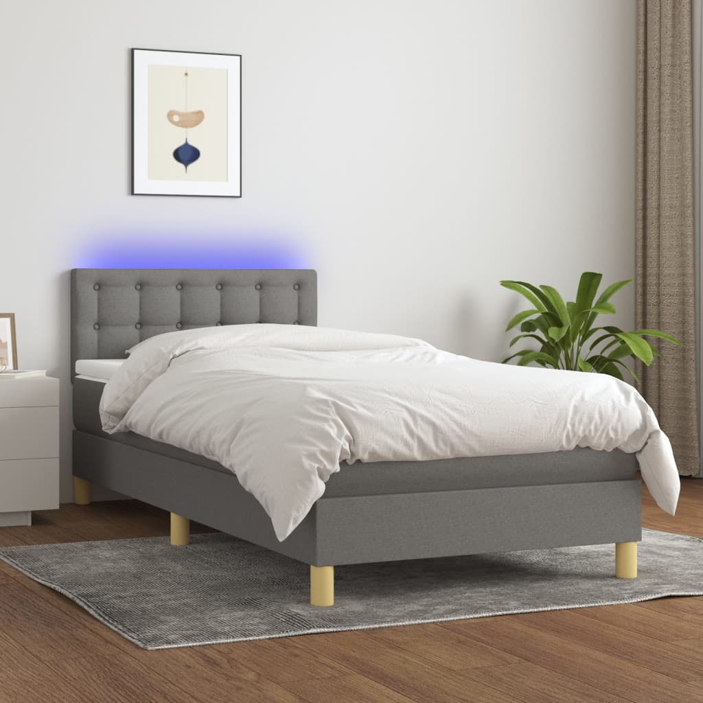 sötétszürke szövet rugós és LED-es ágy matraccal 90x200 cm