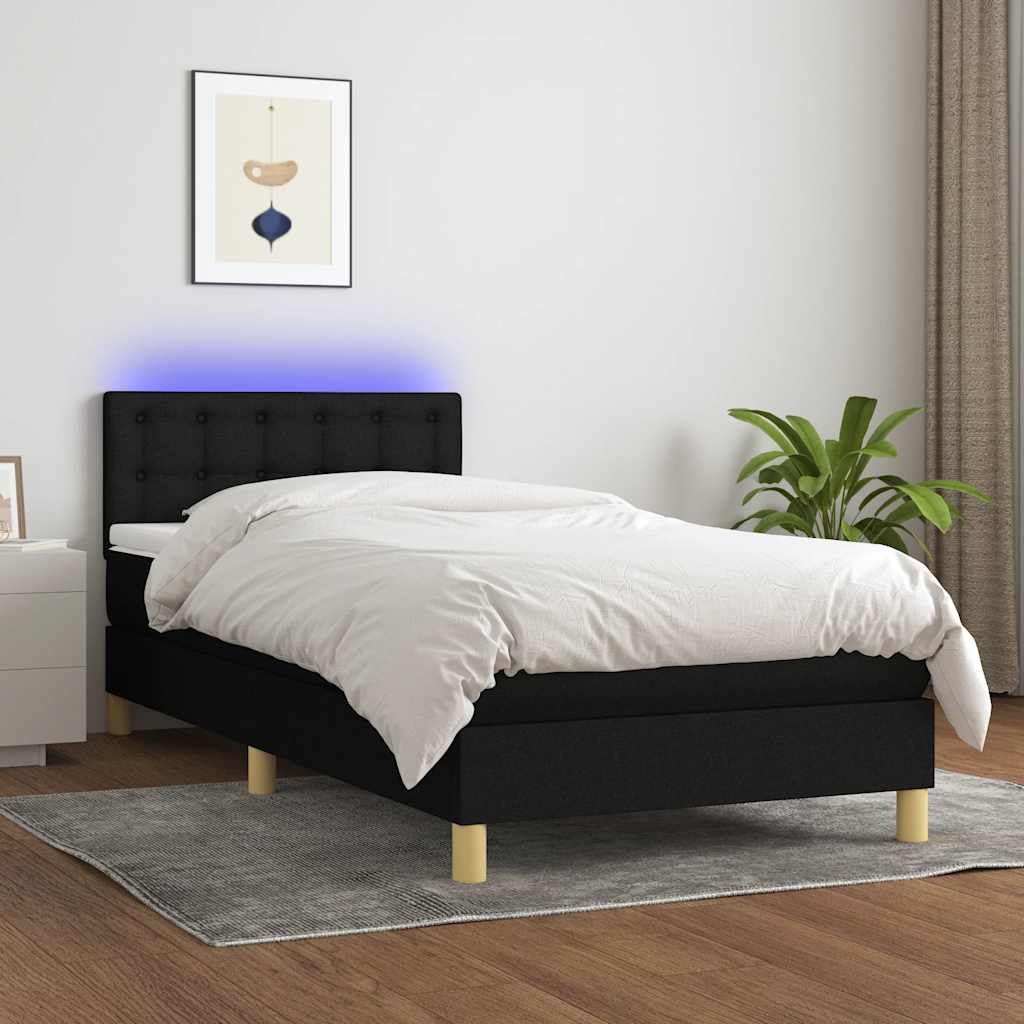 fekete szövet rugós és LED-es ágy matraccal 90x200 cm