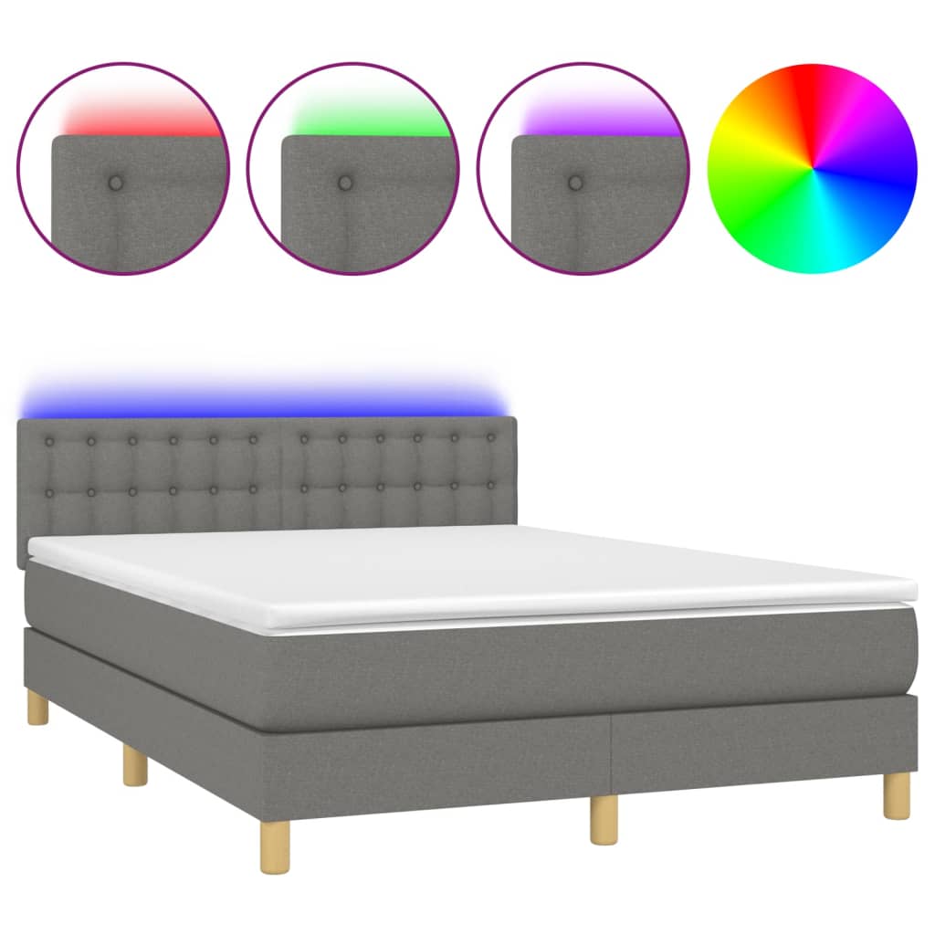 sötétszürke szövet rugós és LED-es ágy matraccal 140x190 cm