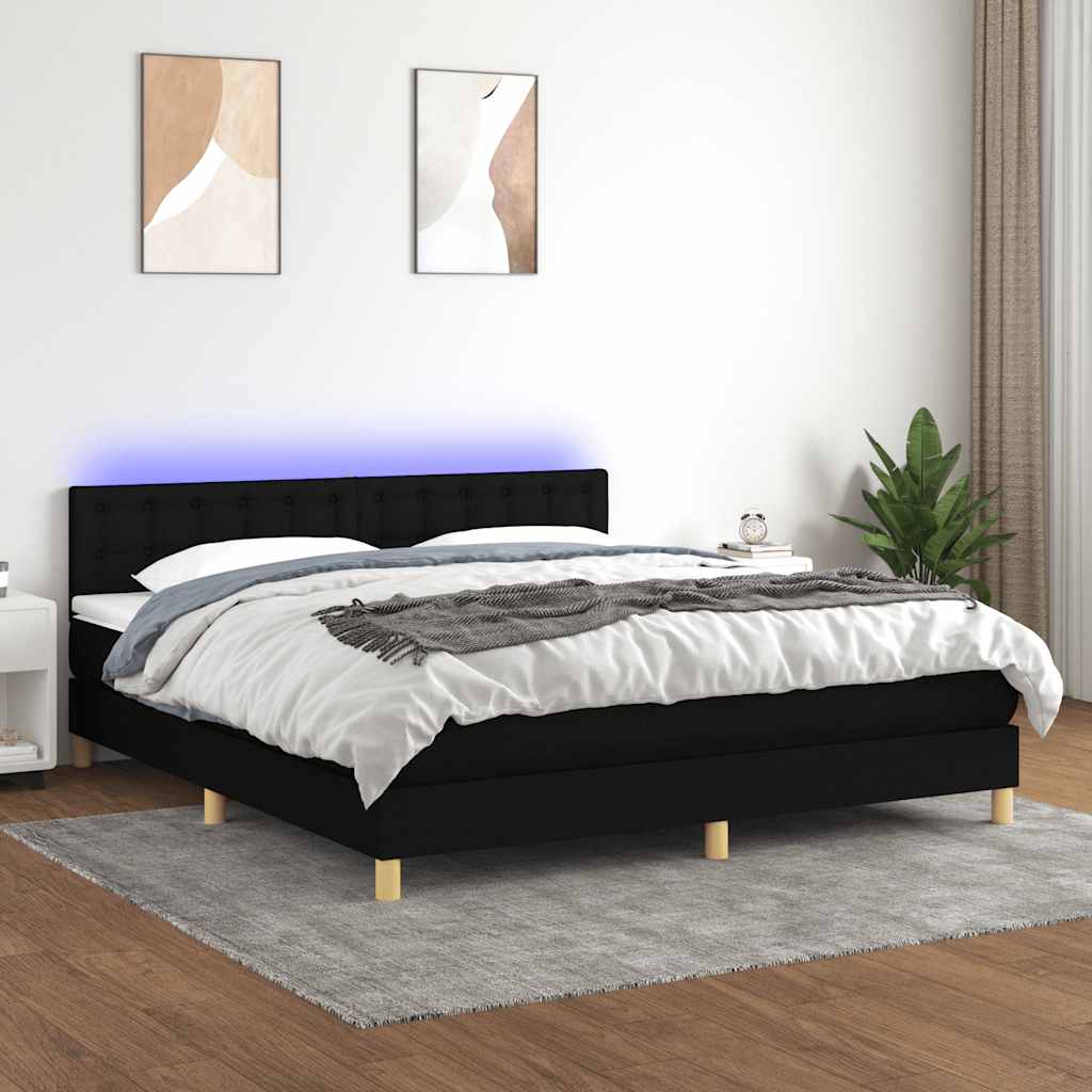 fekete szövet rugós és LED-es ágy matraccal 180 x 200 cm