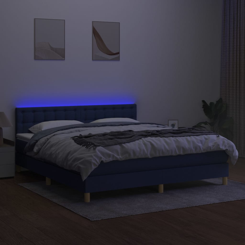 kék szövet rugós és LED-es ágy matraccal 180 x 200 cm
