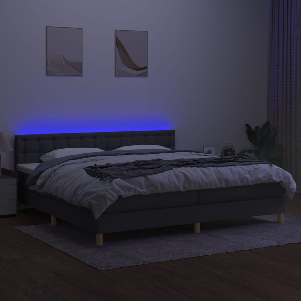 sötétszürke szövet rugós és LED-es ágy matraccal 200x200 cm