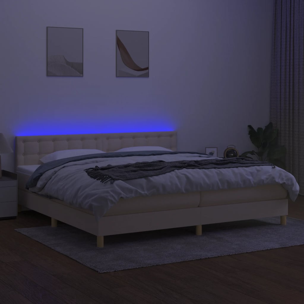 krémszínű szövet rugós és LED-es ágy matraccal 200 x 200 cm