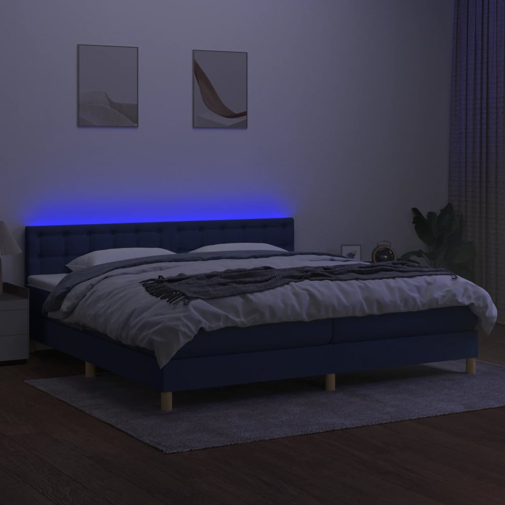 kék szövet rugós és LED-es ágy matraccal 200 x 200 cm
