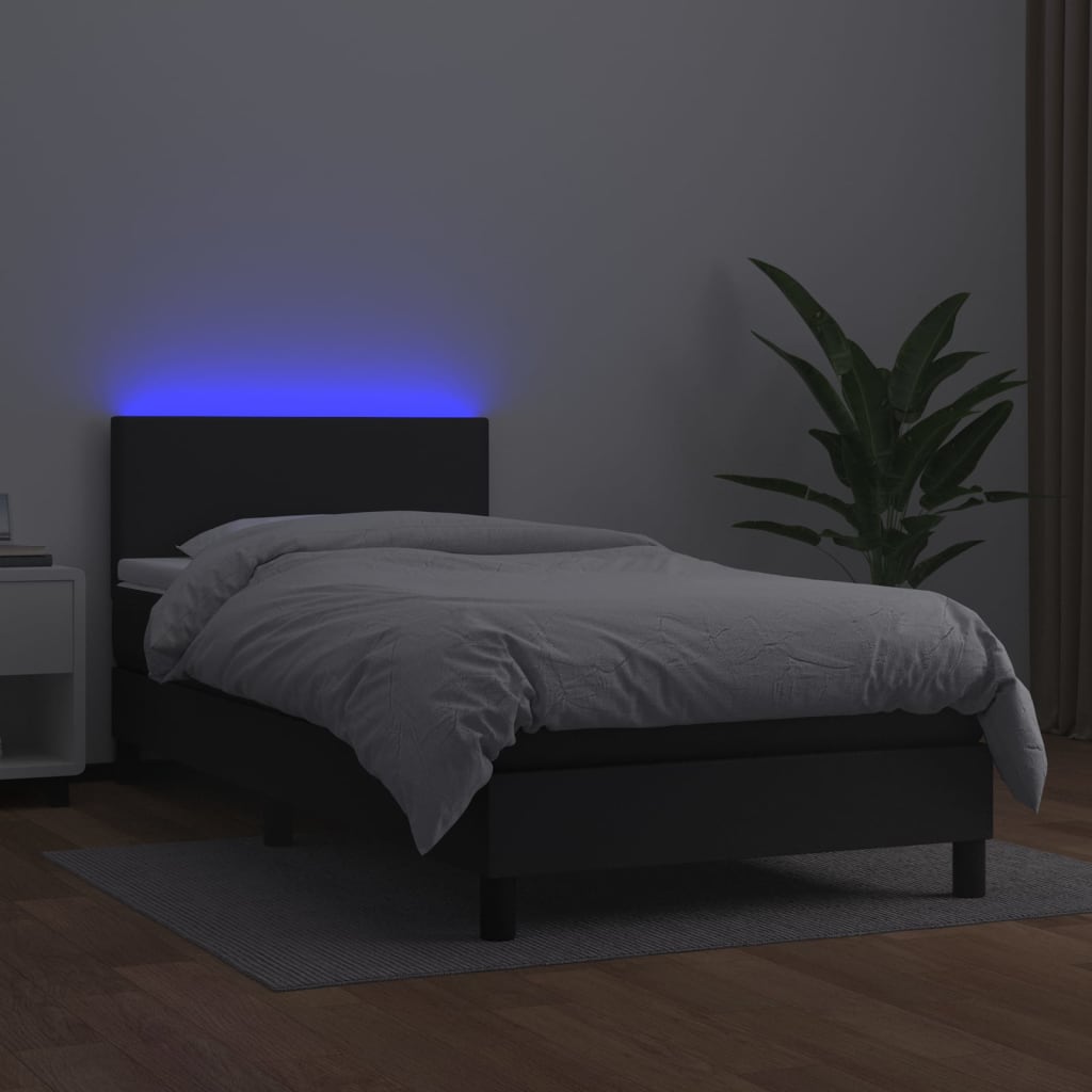fekete műbőr rugós ágy matraccal és LED-del 80 x 200 cm