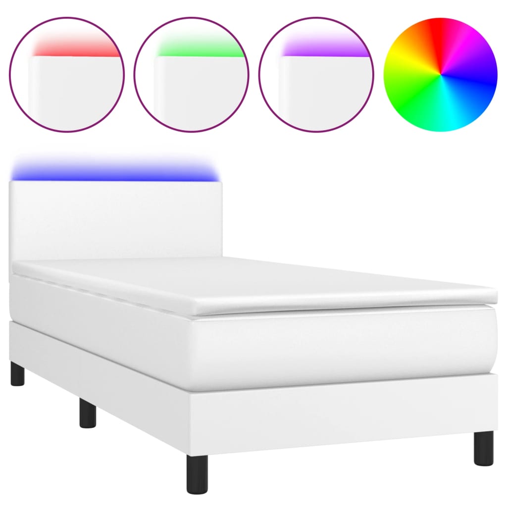 fehér műbőr rugós ágy matraccal és LED-del 80 x 200 cm