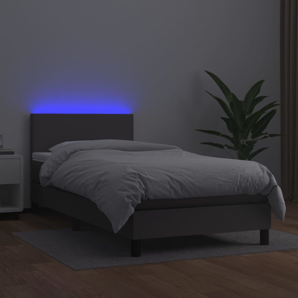 szürke műbőr rugós ágy matraccal és LED-del 80 x 200 cm
