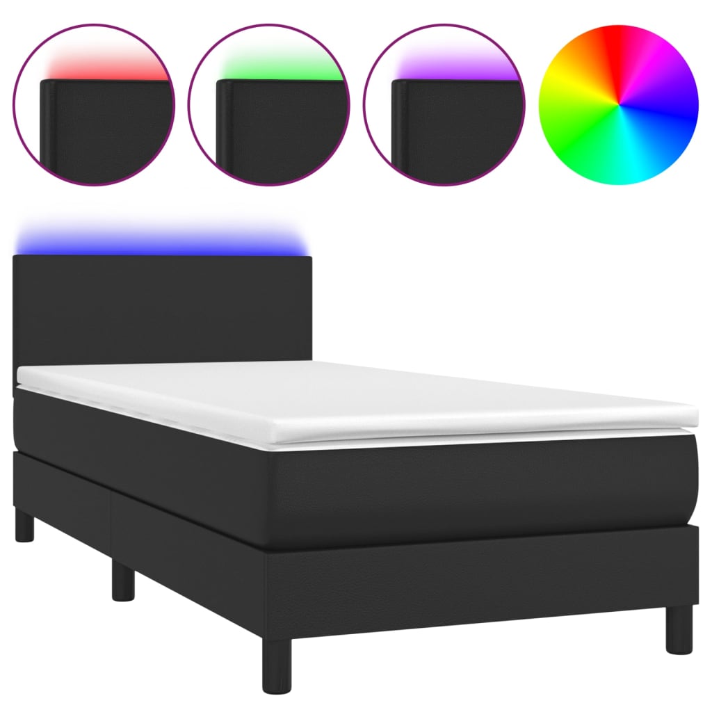 fekete műbőr rugós ágy matraccal és LED-del 90x190 cm