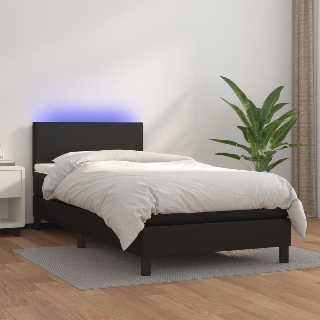 fekete műbőr rugós ágy matraccal és LED-del 90x200 cm