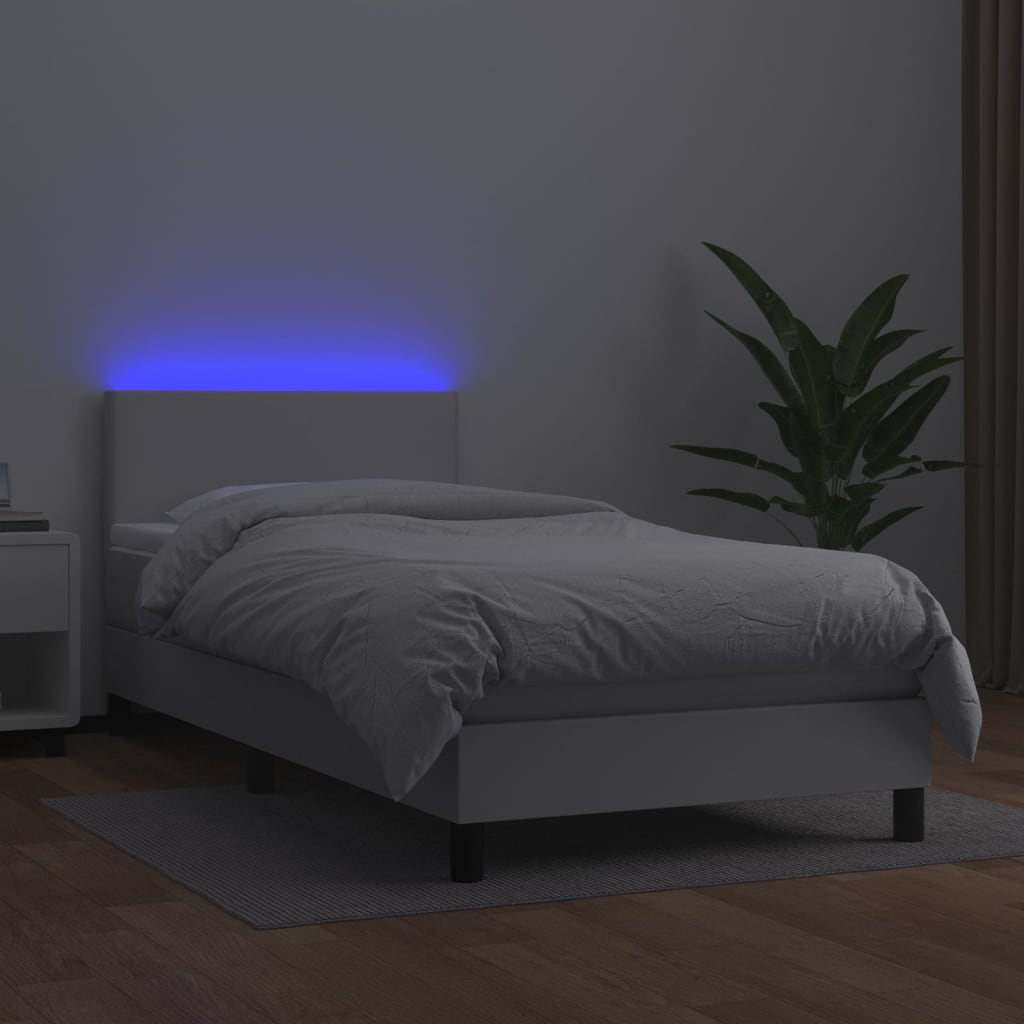 fehér műbőr rugós ágy matraccal és LED-del 90x200 cm