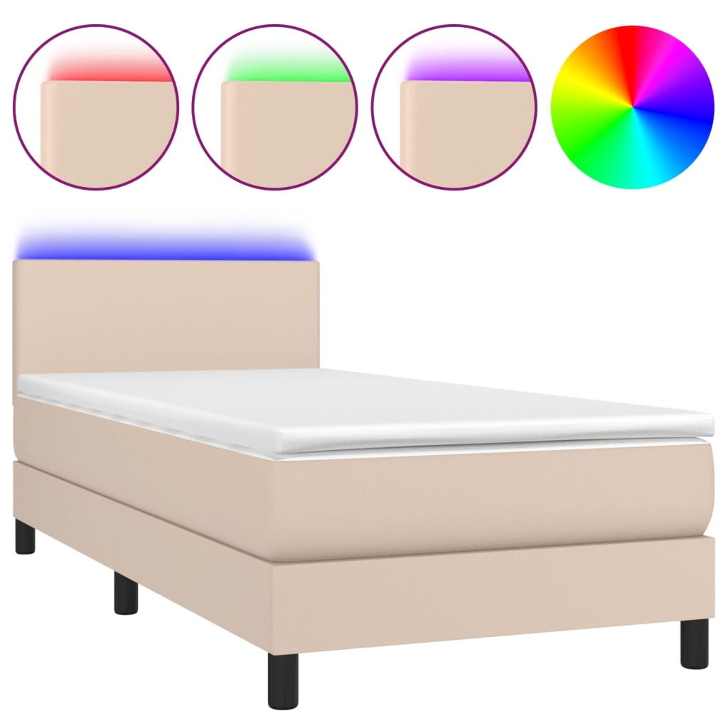 cappuccino színű műbőr rugós ágy matraccal és LED-del 90x200 cm