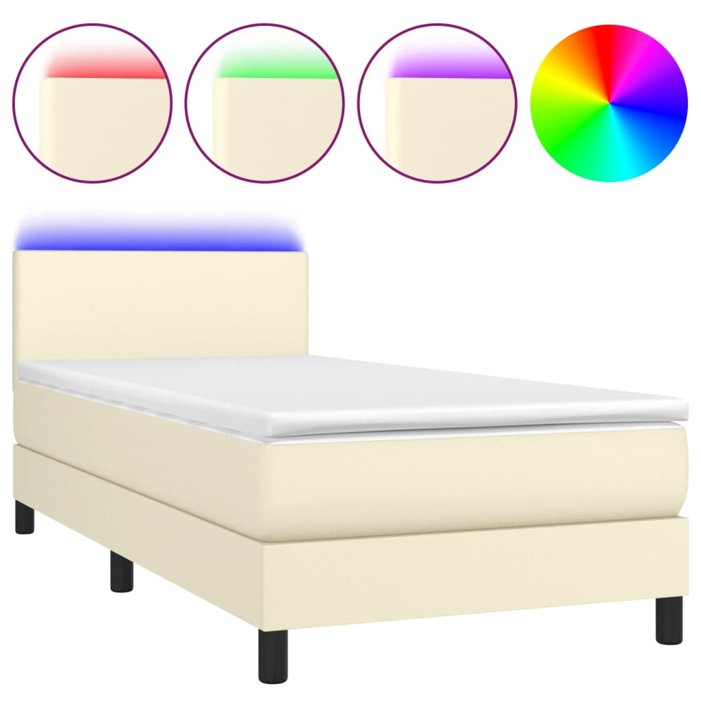 krémszínű műbőr rugós ágy matraccal és LED-del 100x200 cm