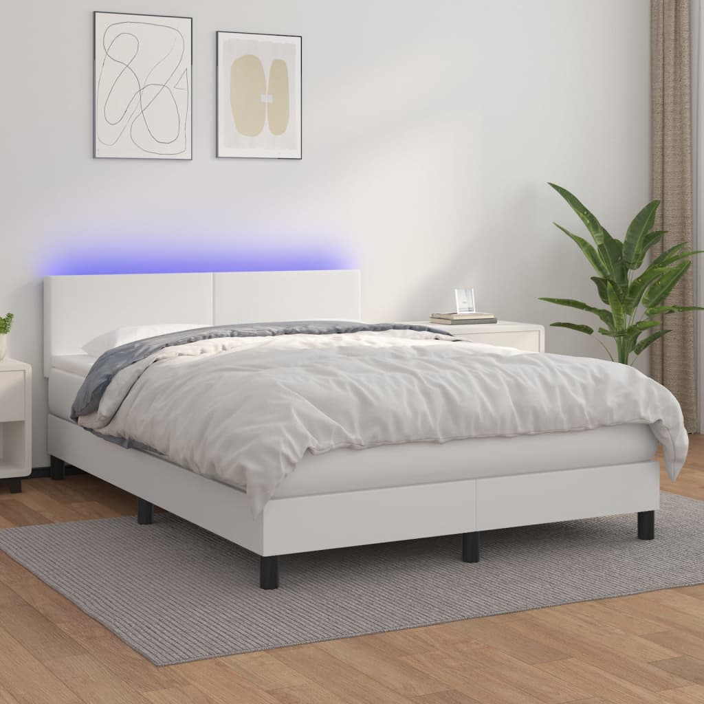 fehér műbőr rugós ágy matraccal és LED-del 140x190 cm