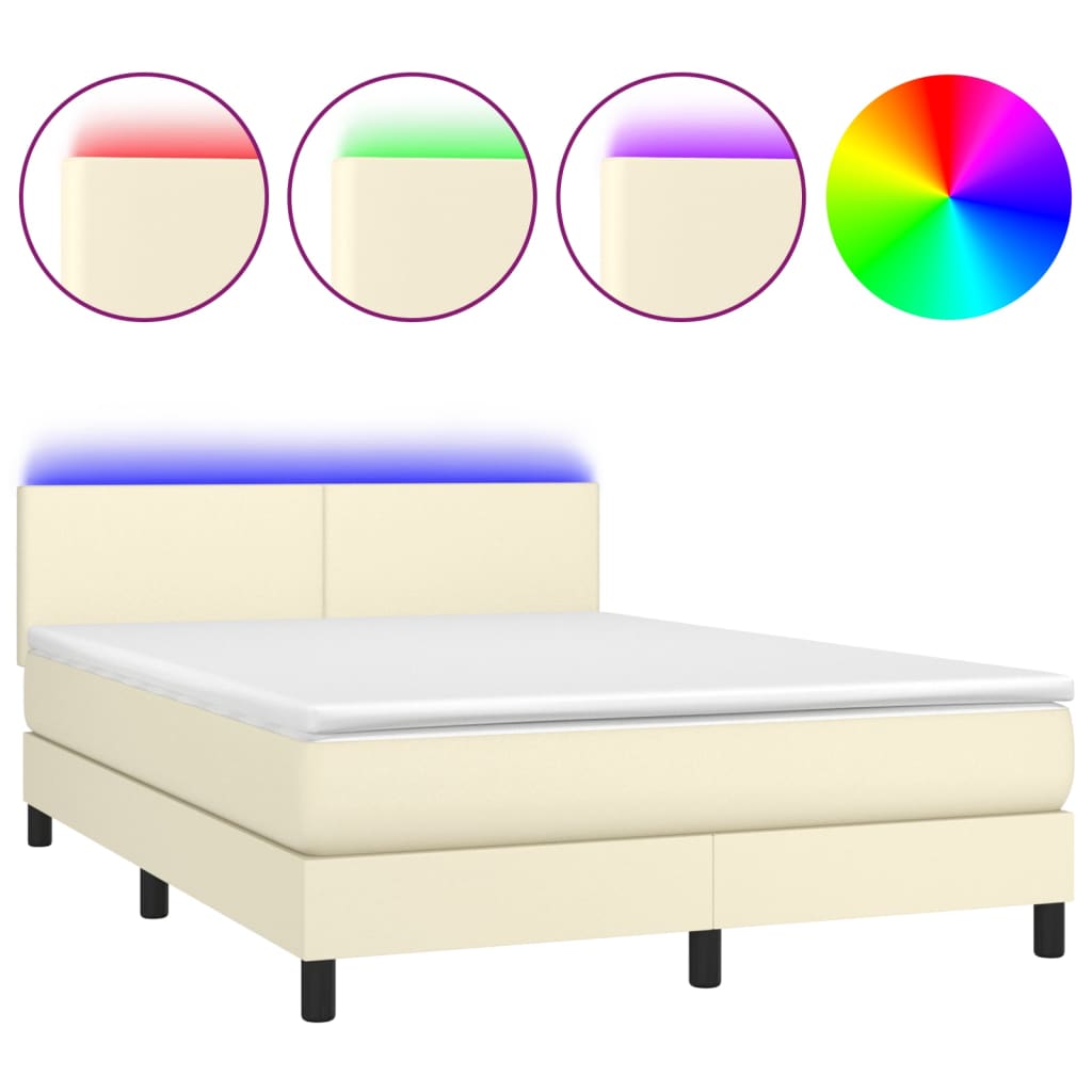 krémszínű műbőr rugós ágy matraccal és LED-del 140x190 cm